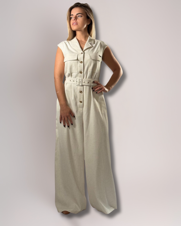 Tailored Linen Jumpsuit with Belt – Natural Elegance